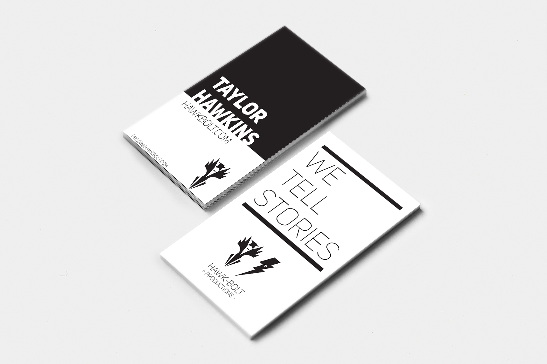 HawkBolt video production card design mockup