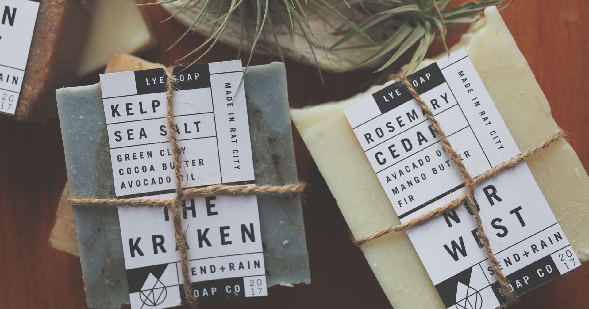 Send Rain soap company label mockup the group of bars