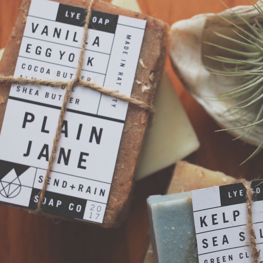 Send Rain soap company label mockup closeup