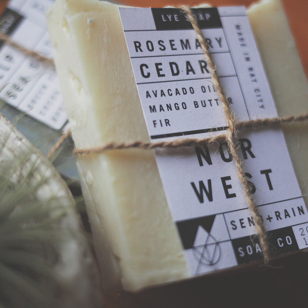 Send Rain soap company label mockup closeup